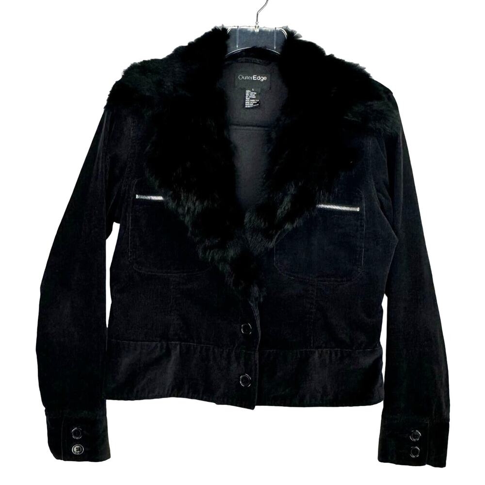 OUTEREDGE Black Corduroy Rabbit Fur Lapel Button Up Jacket Women's Large Vintage
